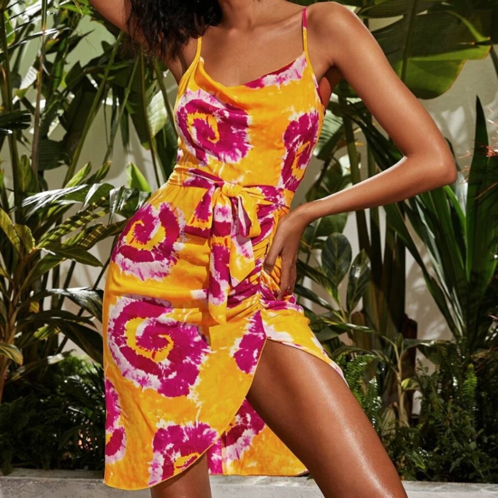 Cowl Neck Ruched Detail Self Belted Dress